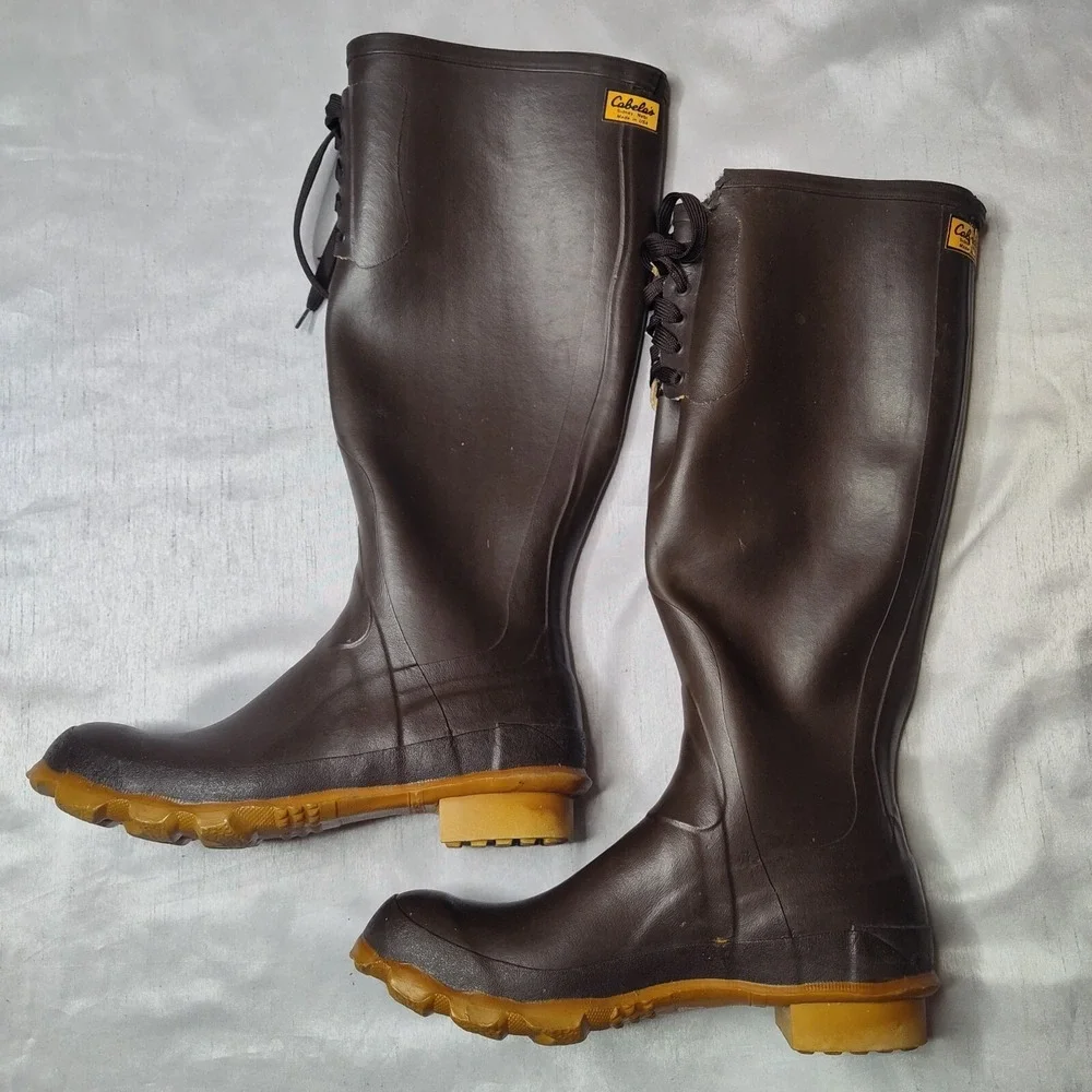 VTG Cabelas Men Size‎ 7 Steel Shank Waterproof Rain Brown Boots Made In USA